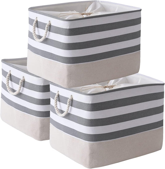 TheWarmHome Jumbo Storage Bins Baskets, Sturdy Fabric Organizing Basket W/Handles, Decorative Foldable Storage Baskets for Shelves Closet Nursery Toy (Grey&White Stripes 3 Pack, 20.5Lx15.7Wx13.8H in)