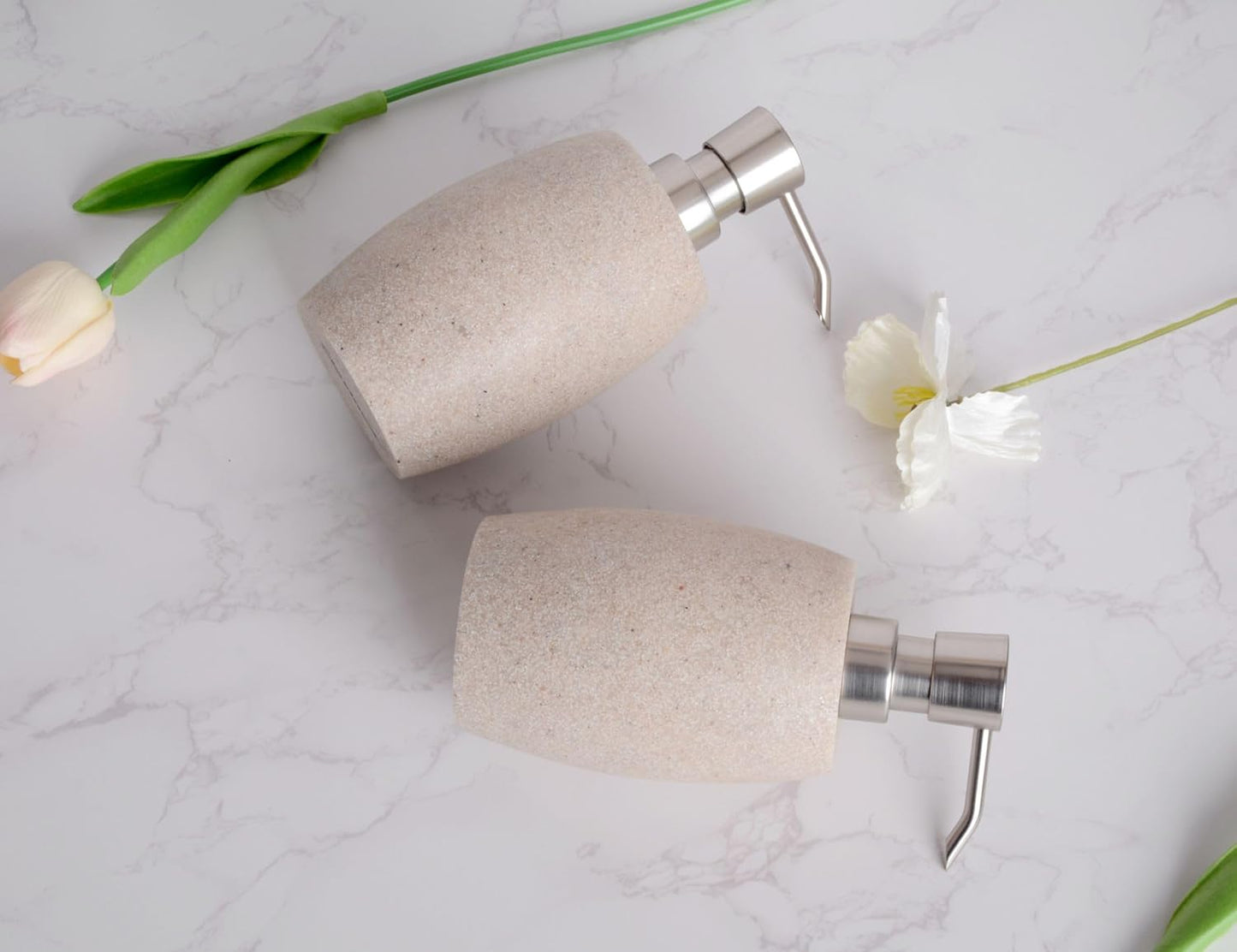 Sandstone Textured Resin Soap Dispenser with Metallic Pump and Waterproof Bottle Labels for Bathroom Kitchen Dish Hand Wash Shower Lotion Shampoo, 12 Oz, 2 Sets Beige