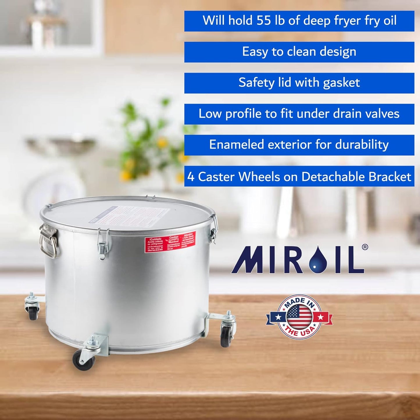 MirOil 7 Gallon Oil Disposal Caddy with Caster Wheels, USA Made Deep Fryer Grease Bucket Pot with Lid Lock & Lock Clip, 55Lb. Frying Oil Disposal Storage Container, Filtering Hot Cooking Grease - 60LC