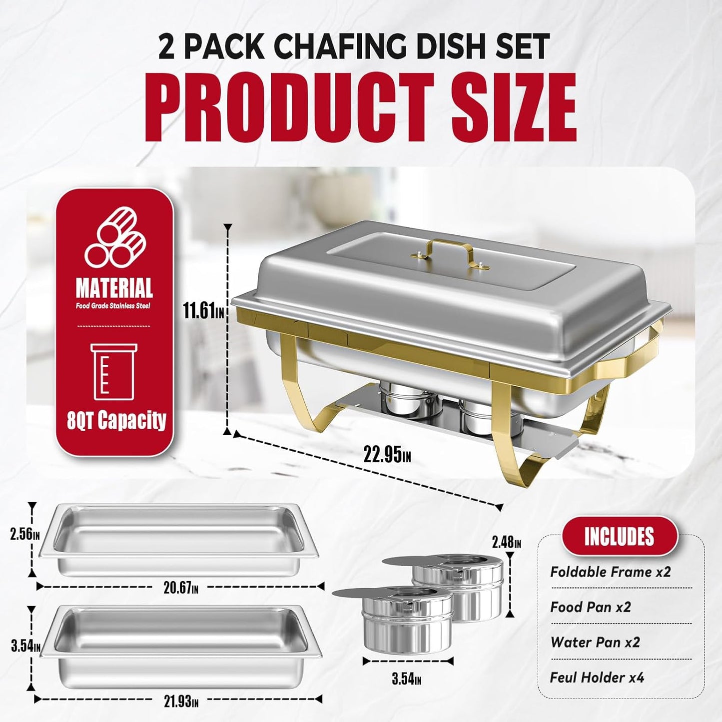 Chafing Dish Buffet Sets of 2, 8QT Stainless Steel Rectangular Chafers and Buffet Warmer Sets for Catering, with Food & Water Pan, Lid, Gold Foldable Frame, Fuel Holder for Event Party Holiday