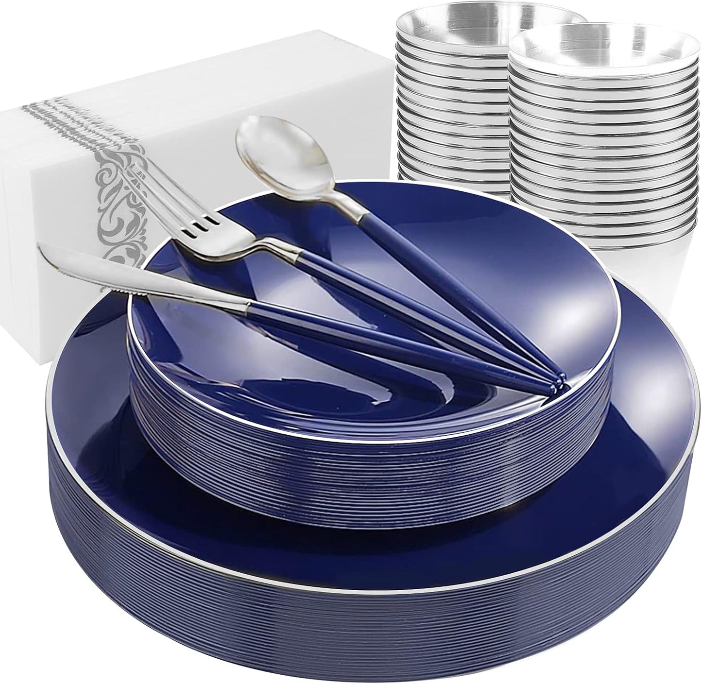 KIRE 175Pcs Blue Plastic Plates with Silver Rim & Disposable Silverware with Blue Handle & Silver-rim Cups & Hand Napkin & Plastic Dinnerware for Parties/Wedding