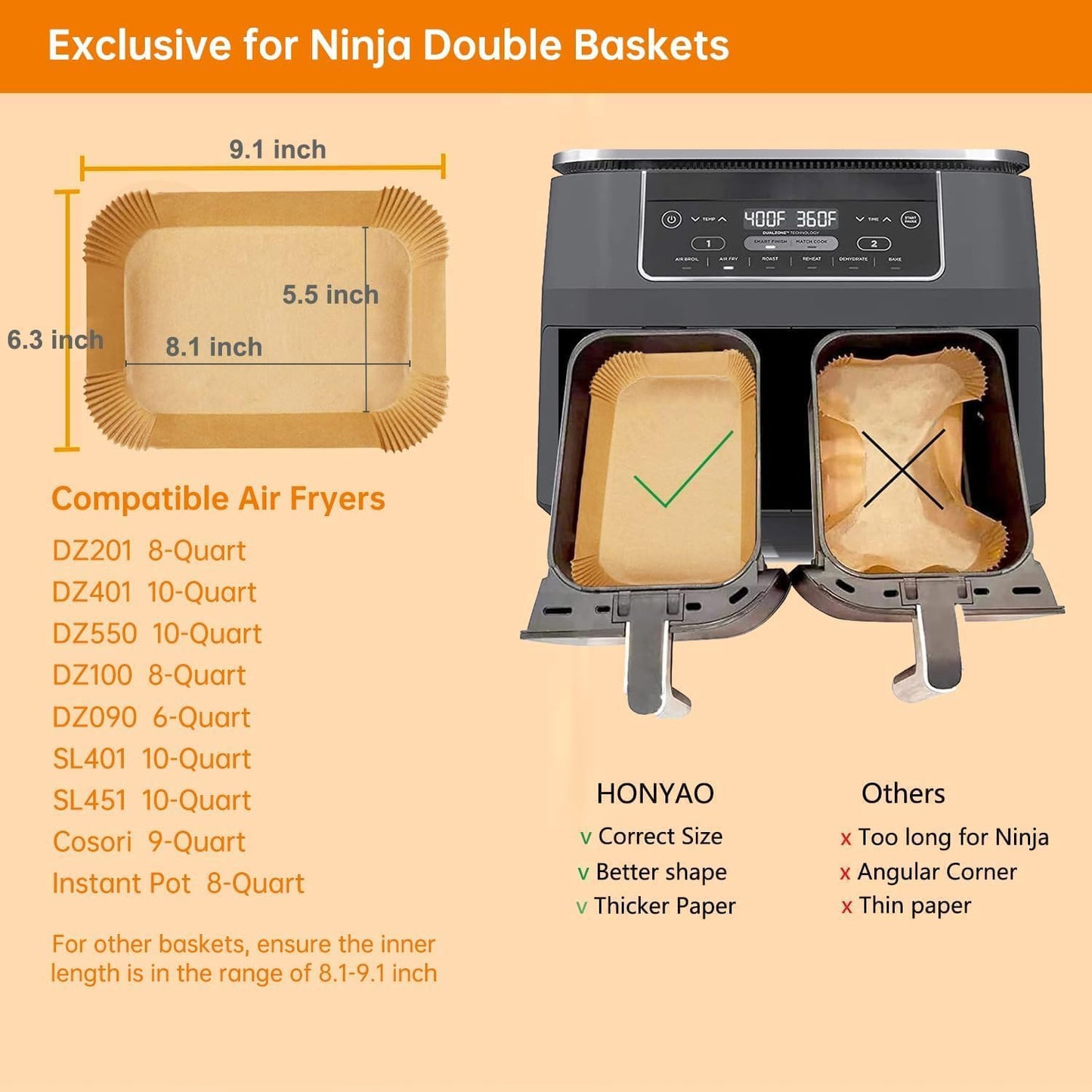 Air Fryer Paper Liners for Dual Zone Airfryer, 8.1x5.5 inch Rectangle Disposable Parchment Inserts for Two Drawer Ninja Double Stack XL 8-10 Quart Air Fryers, Food Grade Accessories BPA free