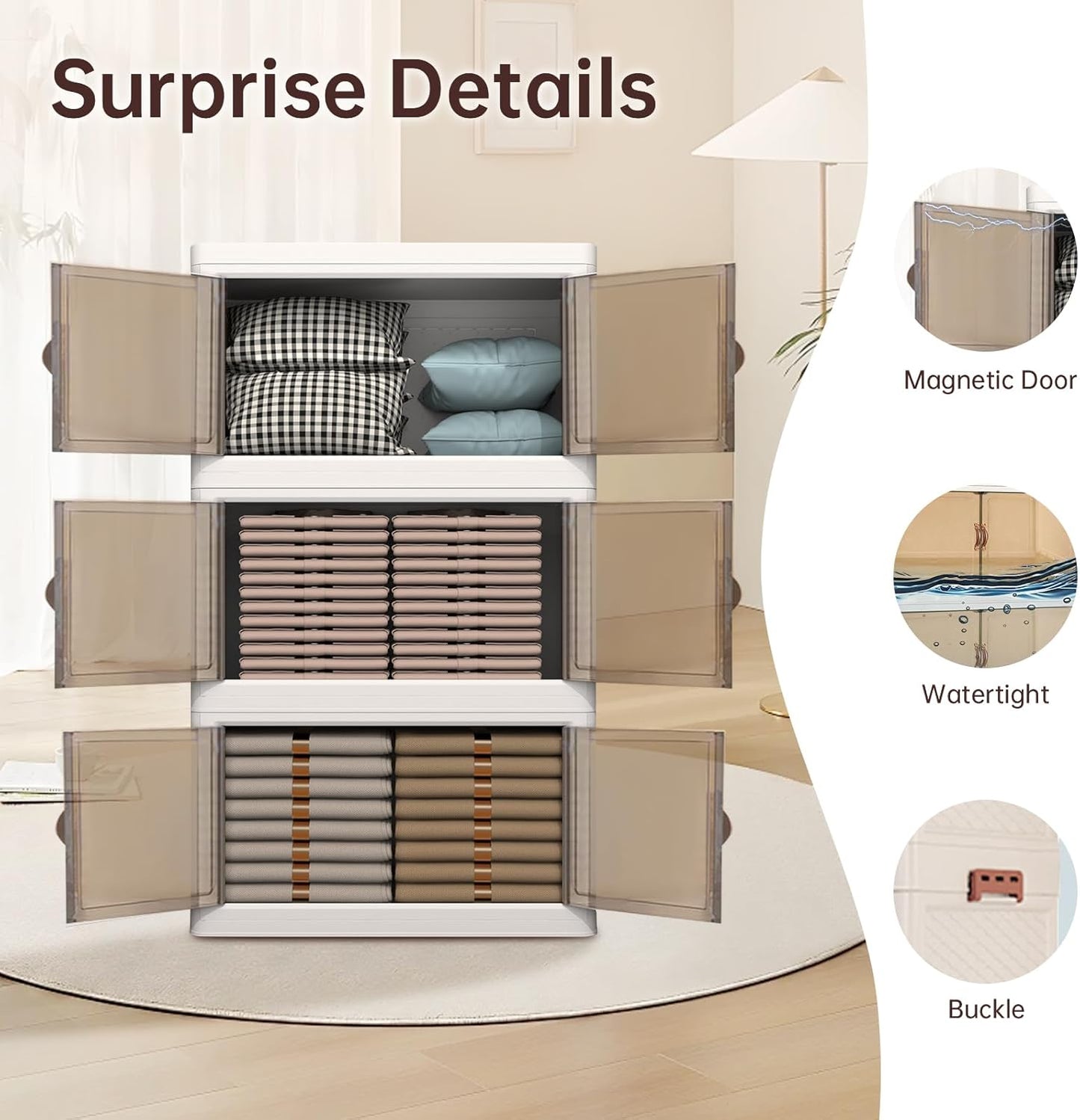 YUFER 3 Tier Box Plastic Stackable Folding Storage Bins with Lids and Doors,360/480 QT Open Front Storage Bins Organizers for Bedroom Clothes - 1 Box 120 QT White