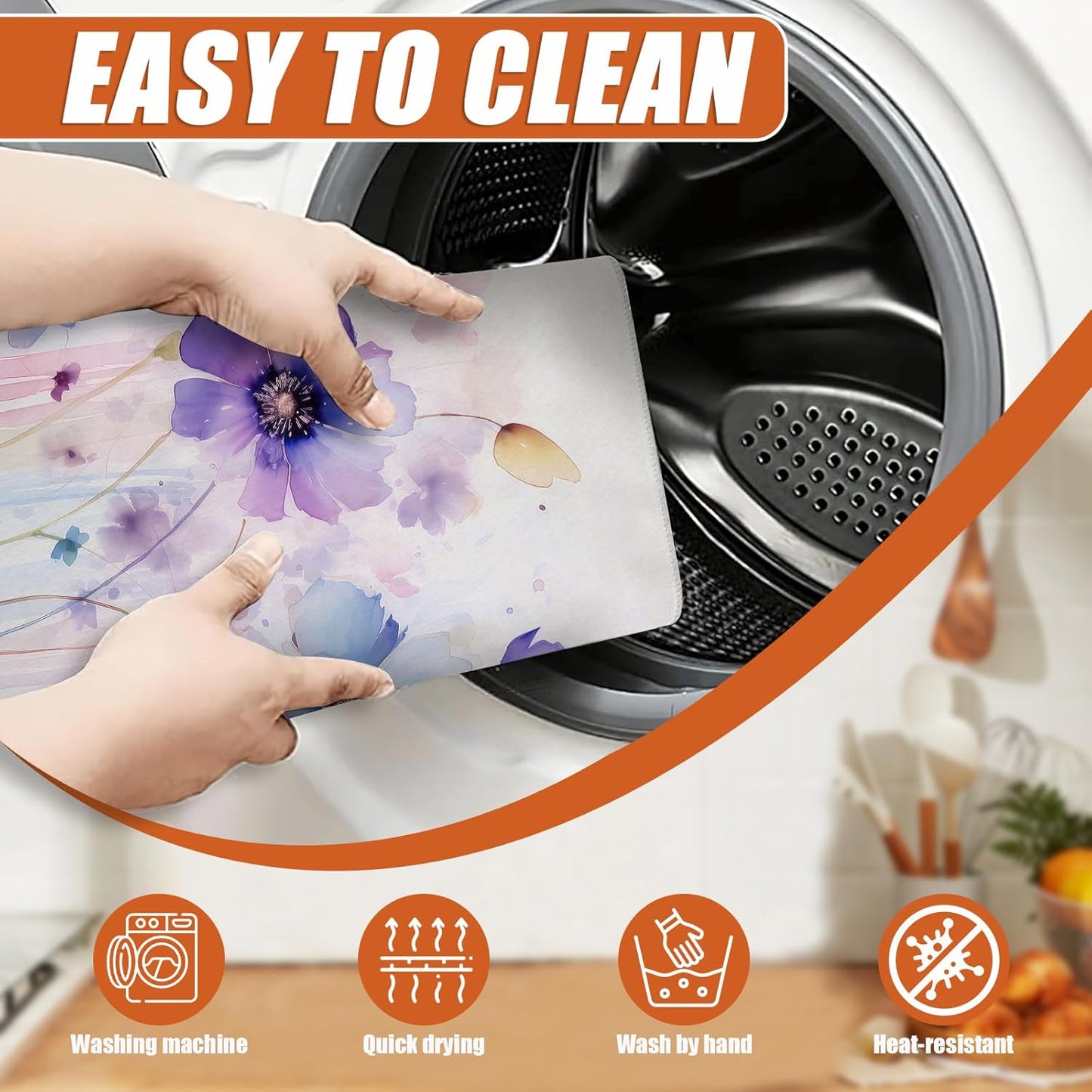 Watercolor Flowers Dish Drying Mat for Kitchen Counter Microfiber Absorbent Dish Kitchen Drying Mat Draining Reusable Washable for Dishes/Utensils/Counterto