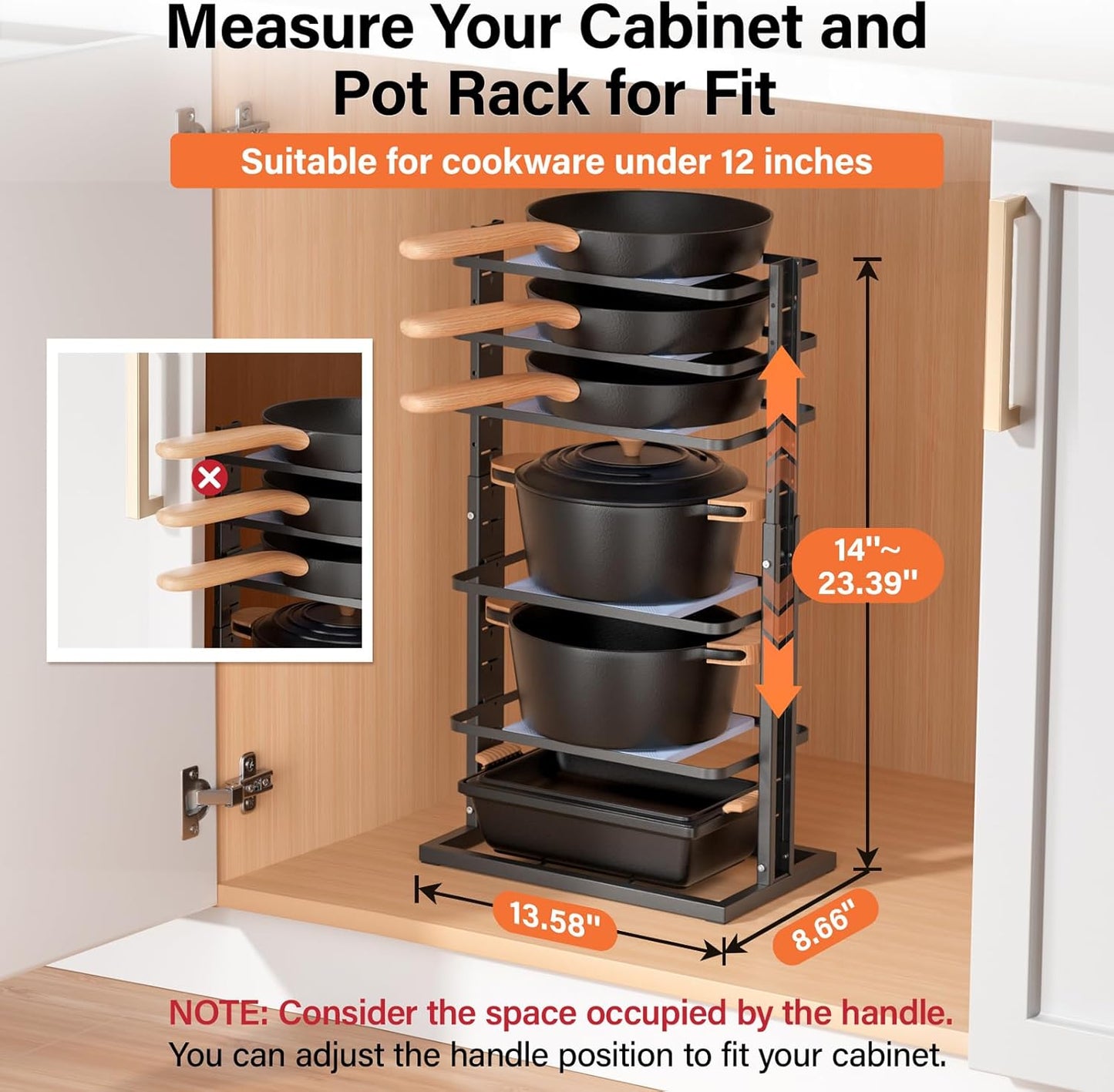 LAMU Pots and Pans Organizer for under Cabinet, 6-Tier Heavy Duty Pan Pot Organizers inside Cabinet Adjustable 14 to 23.39", Pot Rack Kitchen Cabinet Organization and Storage Holds up to 12" Cookware