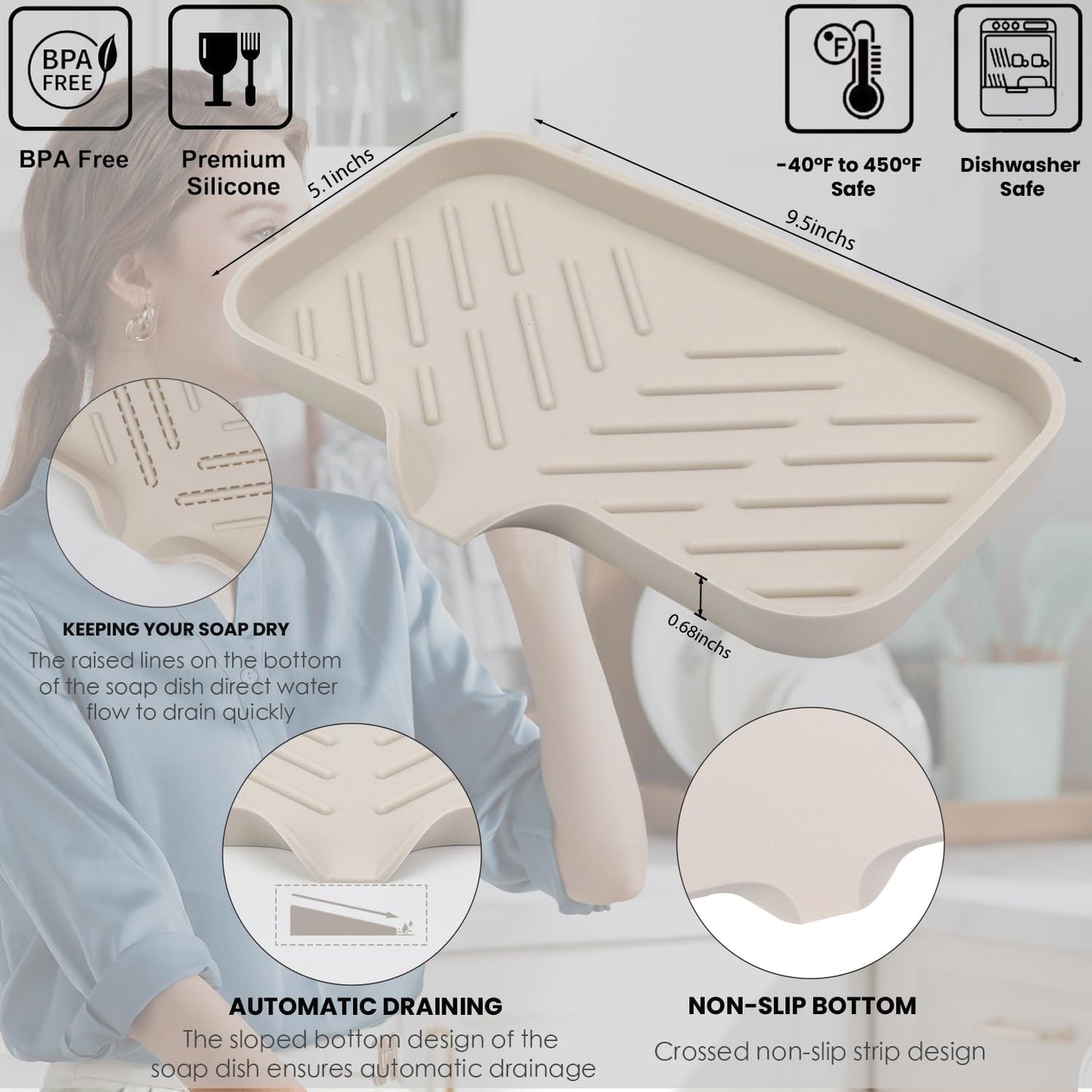 YASMEN Silicone Bathroom Soap Dishes, Sink Sponge Holder for Kitchen, Rubber Soap Dish with Drain, Shower Soap Sponge Tray, Sink or Counter Organizer, for Bar Soap, Bottle, Dish Soap Dispenser-Tapioca