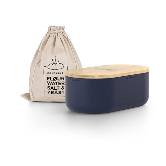 LARS NYSØM Bread Box I Metal Box with linen bag for long lasting freshness I Bread Bin with bamboo lid usable as cutting board I 14.2x7.5x5.1 In (Midnight Blue)