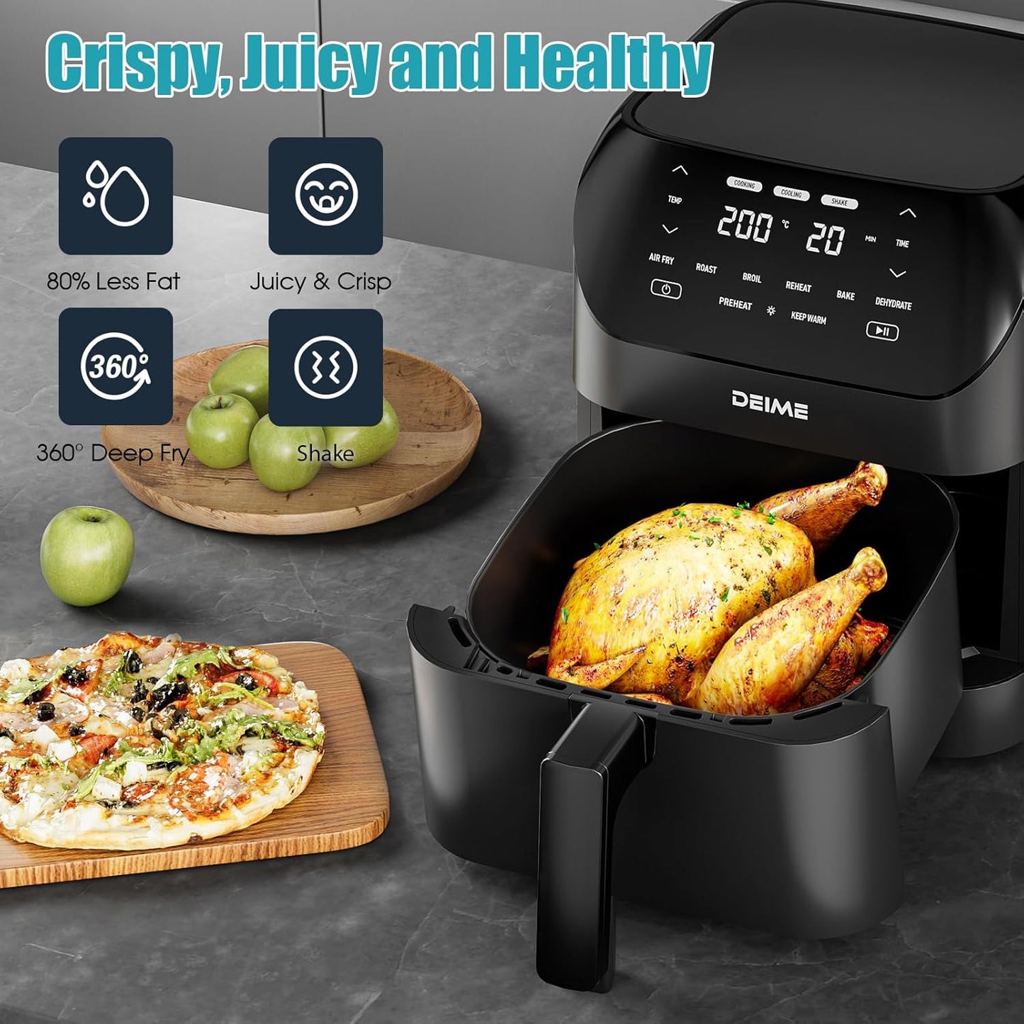 Air Fryer 6.2 QT Large Capacity Oilless Hot Air Fryers Oven 1500W Healthy Cooker with 8 Presets, Digital LCD Touch Screen, Visual Cooking Window, Non-Stick Basket, Included Recipe (Black-M)