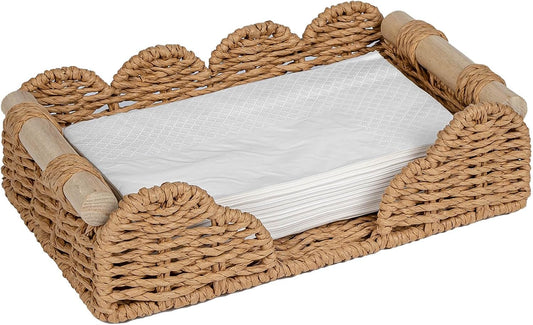 CubesLand Scalloped Napkin Holder for Bathroom Decor, Paper Rope Flat Napkin Dispenser Guest Towel Tray for Bathroom, Farmhouse Warm Napkin Holder for Table Dining Room Home Kitchen Decor, Neutral