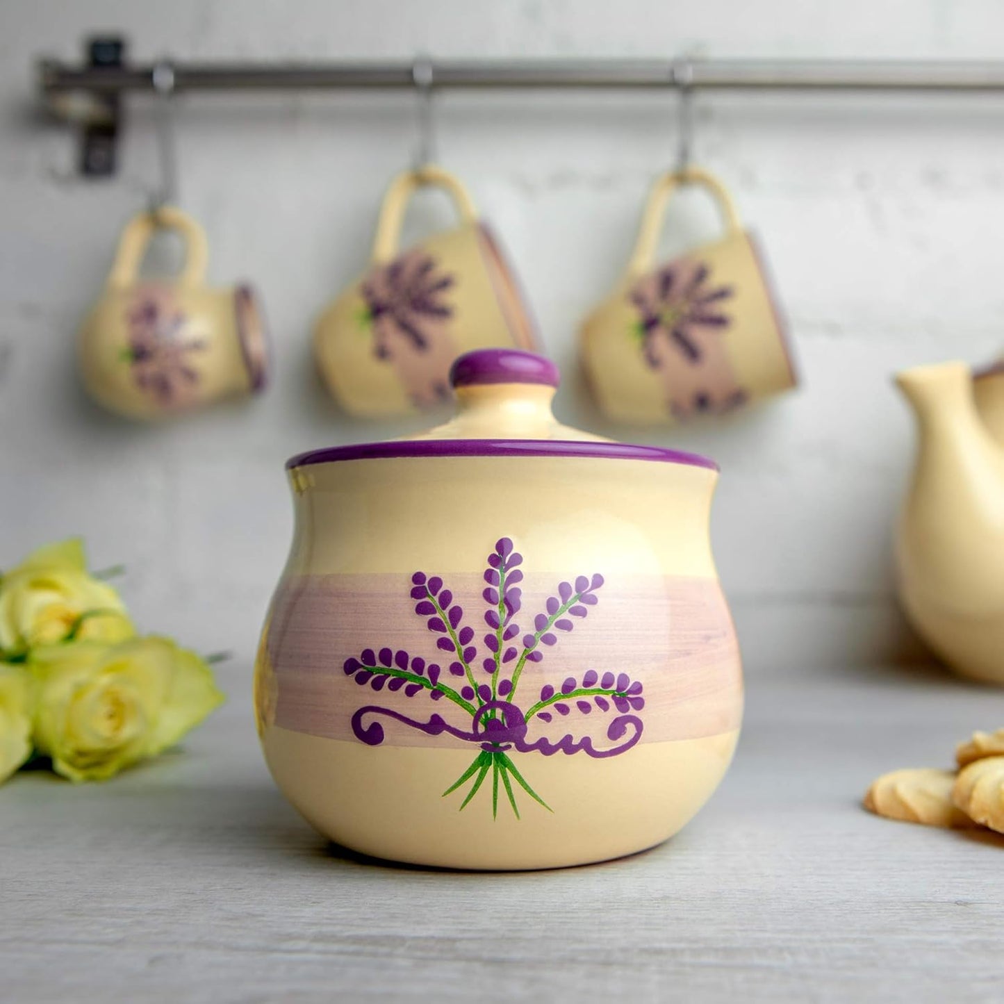City to Cottage Ceramic Sugar Bowl with Lid, 10oz Sugar Contanier for Coffee Bar, Sugar Dispenser Bowl, Salt - Condiment Pot for Kitchen Counter, Handcrafted Cream Lavender Floral Sugar Jar