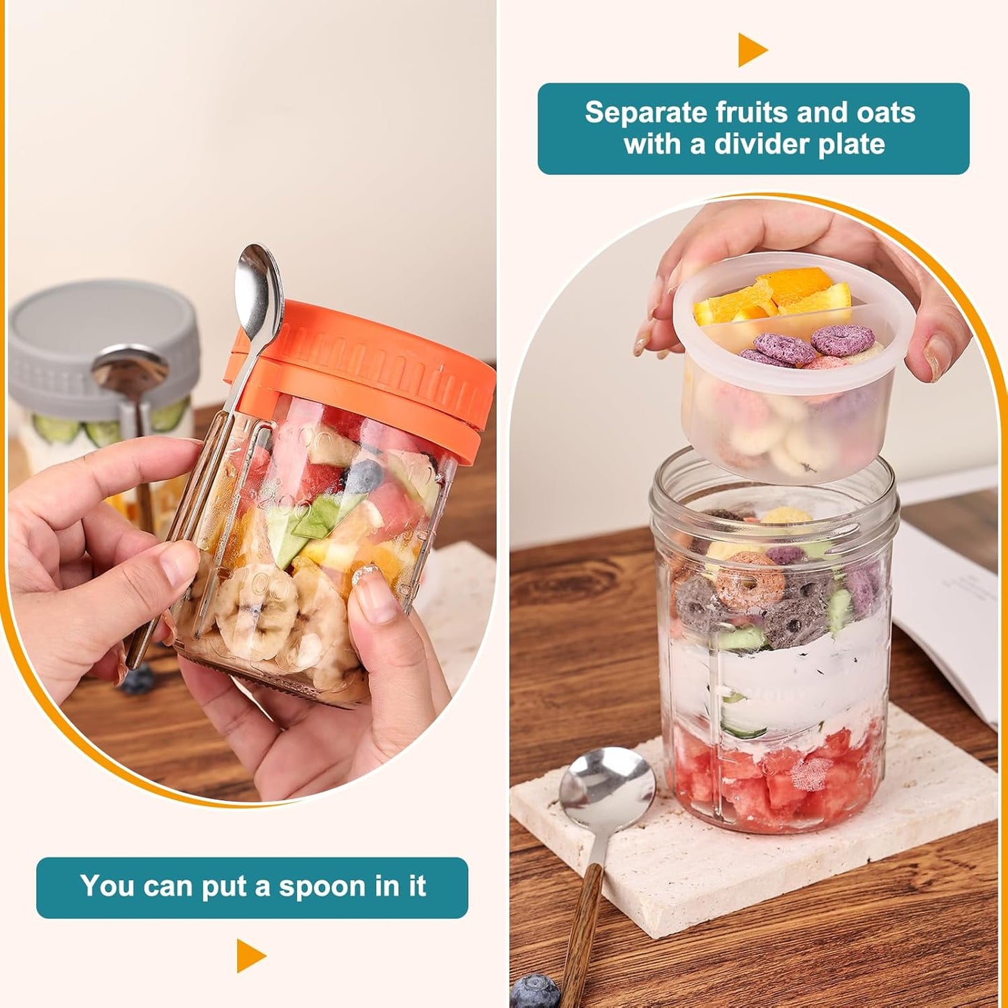 6 Pack Overnight Oats Containers with Lids and Spoons, 16 OZ Glass Mason Jars with Removable Separate Compartments, Airtight Leak Proof Oatmeal Container for Chia Pudding, Yogurt, Breakfast, Cereal