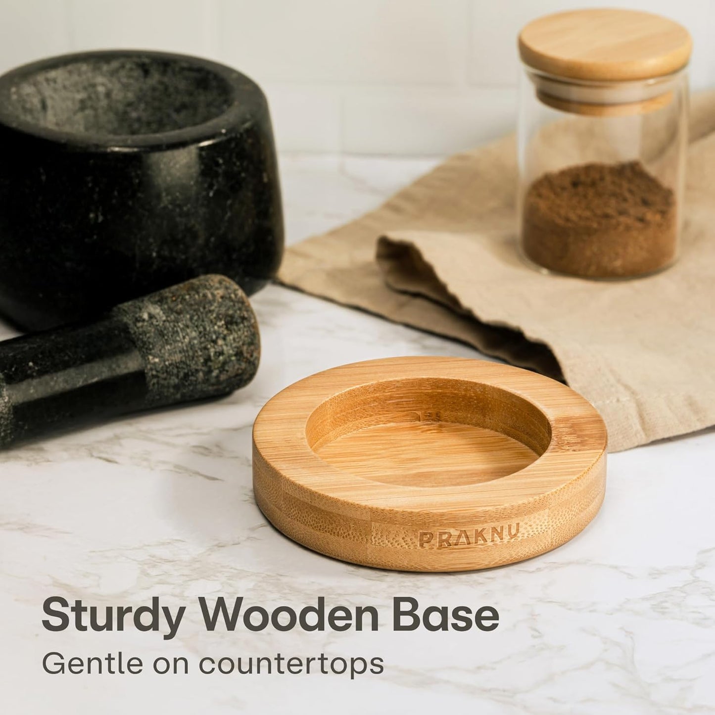 Mortar and Pestle Set Small - Heavy-Duty 1 Cup Stone Grinder for Spices, Herbs & Guacamole - Durable Granite - Non-Slip Wooden Base - Effortless Grinding & Easy to Clean