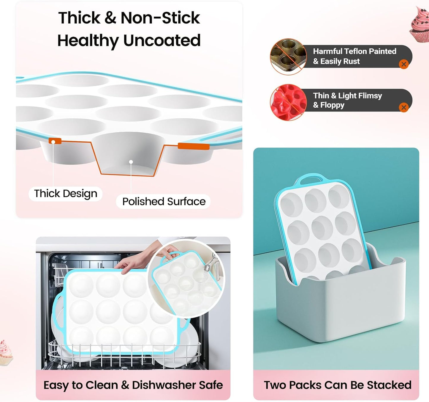 Silicone Muffin Pans for Baking 2 Pack, 2.6 Inch with Metal Reinforced Frame, Regular Size Nonstick Cupcake Pan 12 Cups for Baking Homemade Muffins, Dishwasher Safe BPA Free-Blue