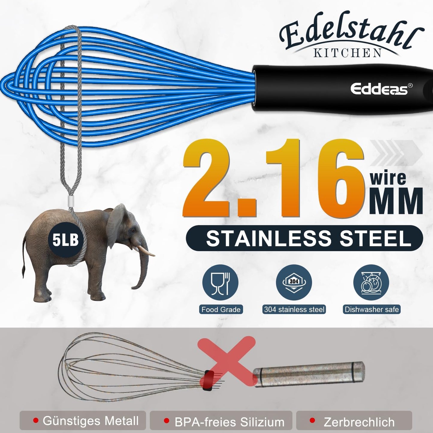 Silicone Whisk, Whisk Non Scratch Whisk for Cooking, 5+7+9+11in Balloon Whisk, Suitable for Mixing, Blending. 11in Flat Whisk great for Ceramic Coated pans and Wider shallower pots. (Blue)