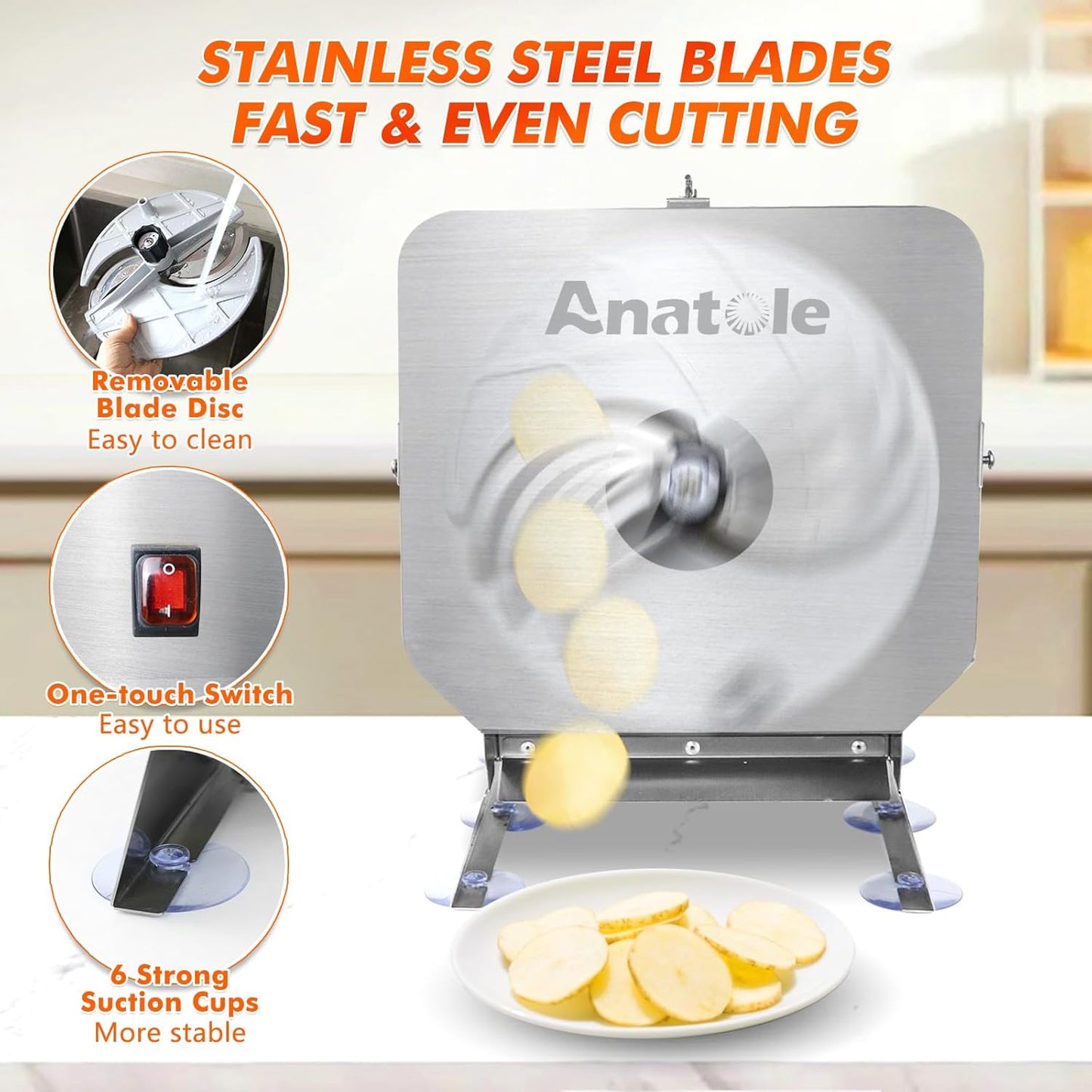 Anatole Electric Vegetable Slicer Commercial Fruit Cutter Stainless Steel 0-0.4'' Thickness Adjustable with Manual Mode for Tomato Onion Potato Cabbage Lime Orange