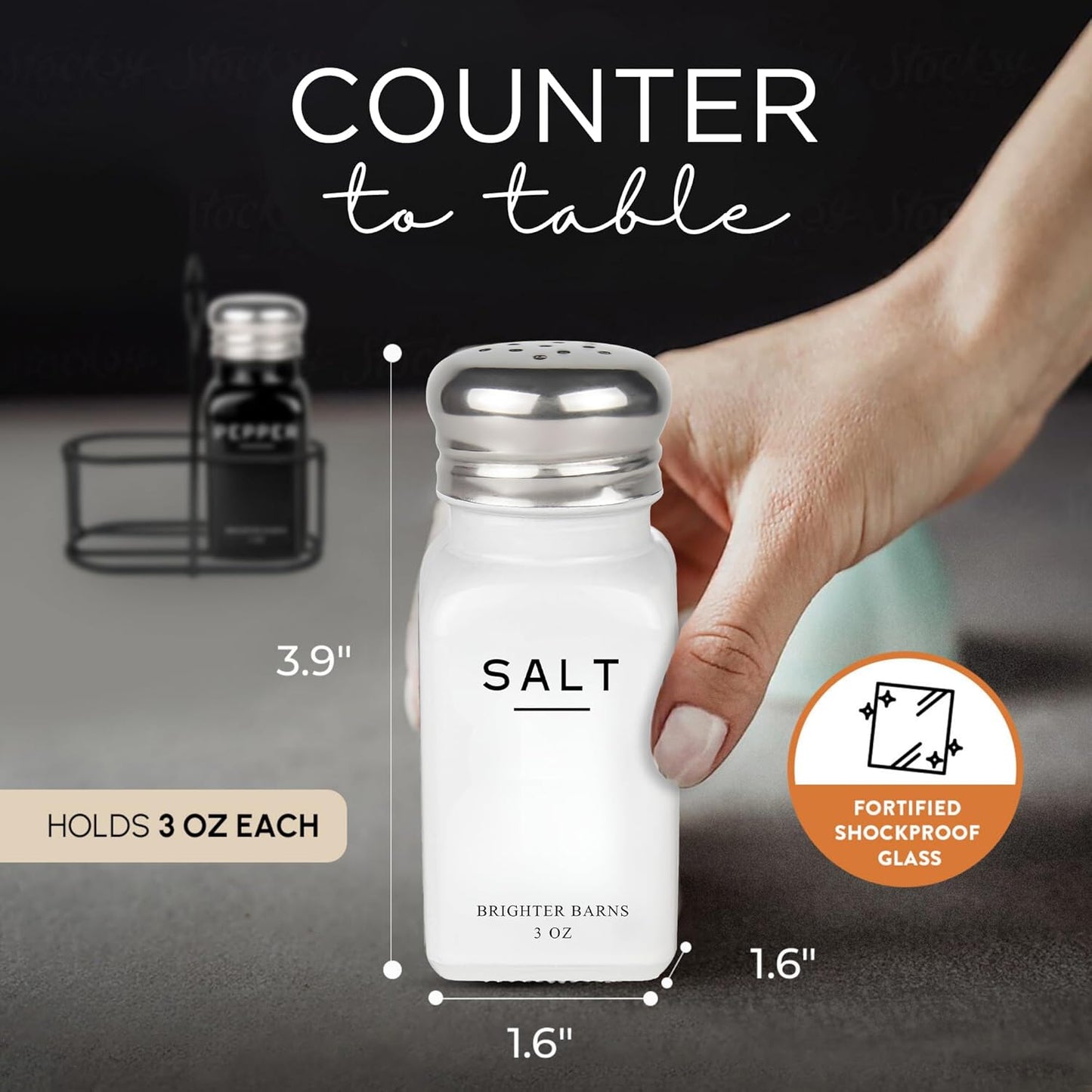 Farmhouse Salt and Pepper Shakers Set with Holder by Brighter Barns - Modern Kitchen Decor and Accessories, Dining Table Decor - Cute Glass Salt Shaker with Caddy for Restaurants, Gifts (Black/White)