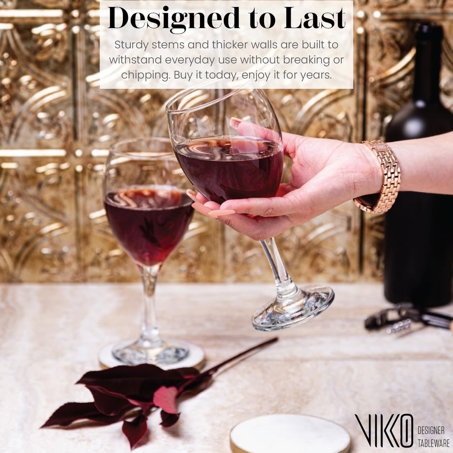 Vikko Wine Glasses, 15 Ounce Stemmed Set of 6 for Red and White, Thick and Durable Clear Glass