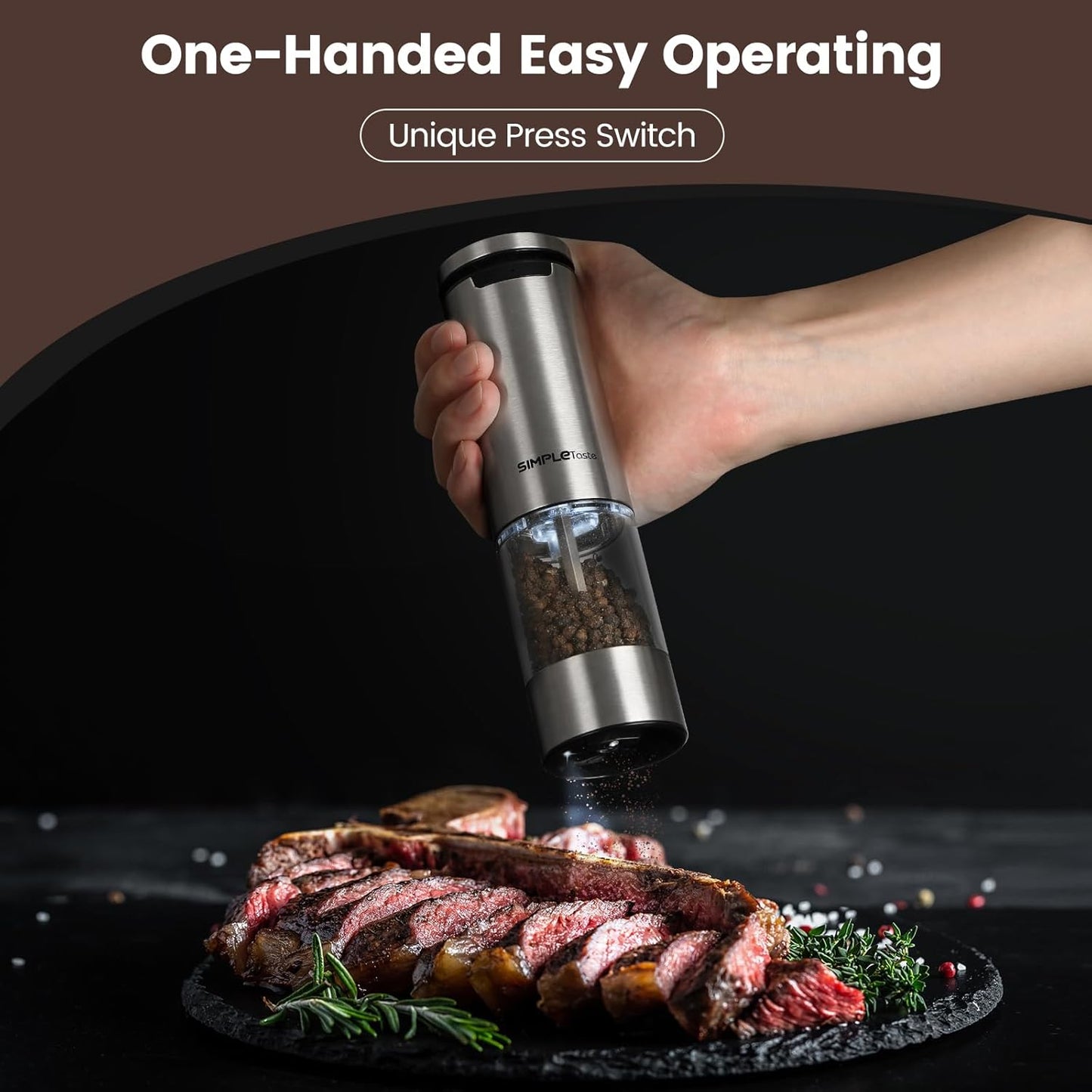 SIMPLETASTE Electric Salt and Pepper Grinder Set Rechargeable with LED Light, Stainless Steel, 70g Capacity for Kitchen, Dining Room, Bar