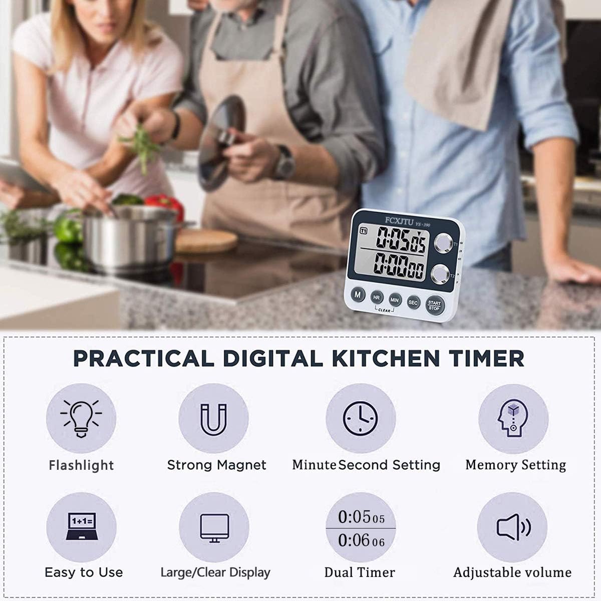 Digital Dual Kitchen Timer with Magnetic Back & Memory Presets, 2 Groups Countdown/Up Stopwatch Timer, 3-Level Volume + LED Alert, On/Off, 100Hr Max for Cooking, Baking (Battery Included)