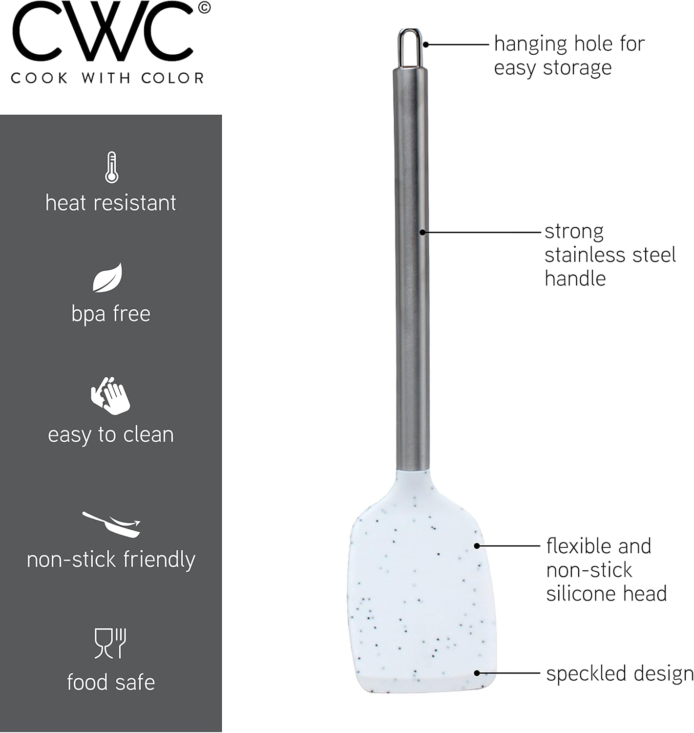 COOK WITH COLOR Silicone Cooking Utensils, Kitchen Utensil Set, Easy to Clean Silicone Kitchen Utensils, Cooking Utensils for Nonstick Cookware, Kitchen Gadgets Set, 5 Pieces, Speckled White