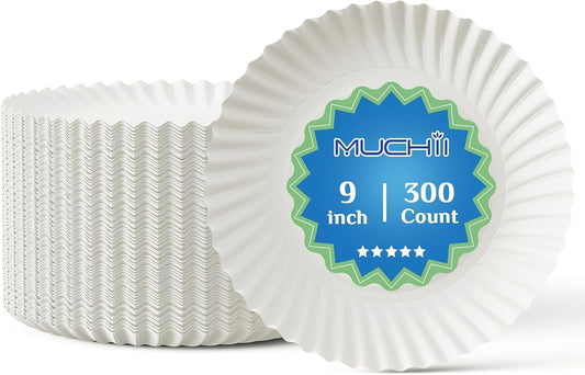 MUCHII 300 Count 9 Inch Paper Plates, Disposable Dinner Plates Bulk, White Plate Uncoated for Parties, Catering, Picnics, and DIY