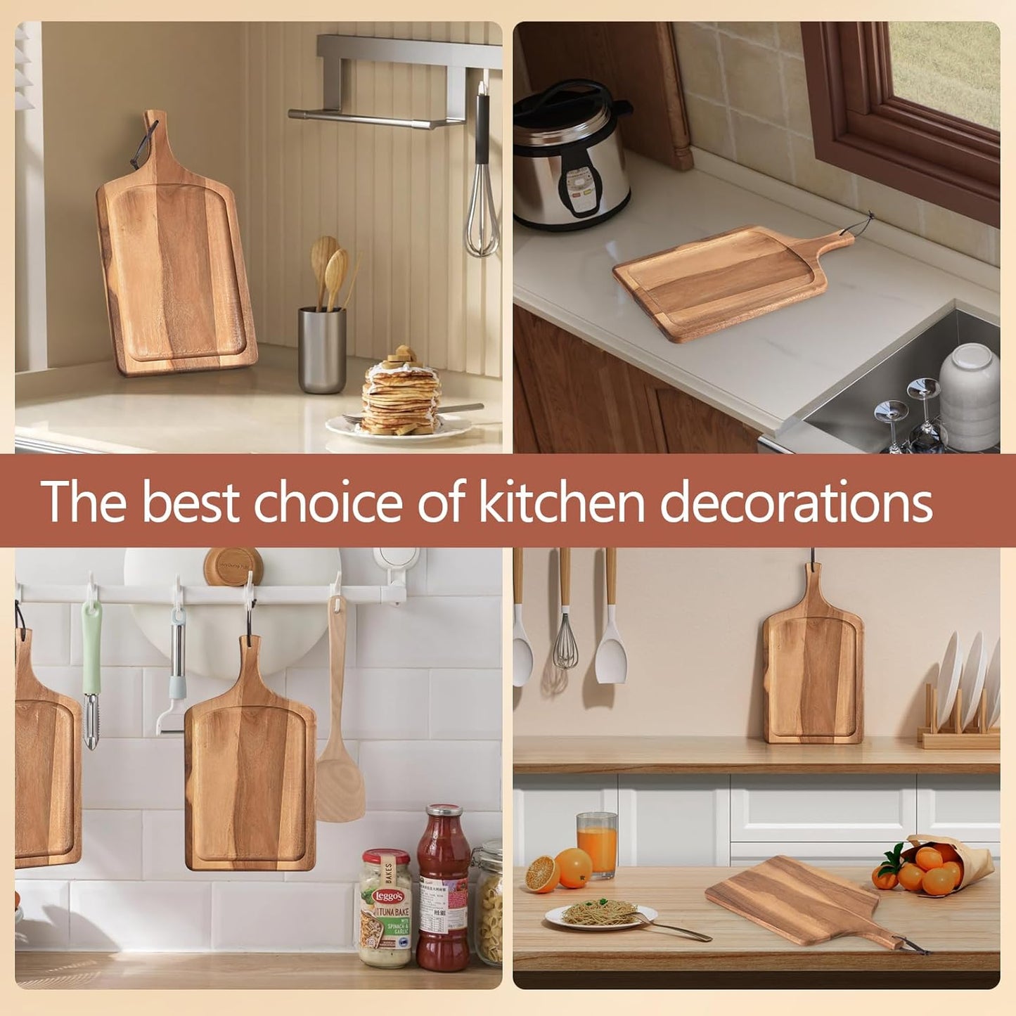 Acacia Wood Cutting Board with Handle, Wooden Chopping Board for Pizza Bread Cheese, Charcuterie Boards, Large Cutting Boards for Kitchen Decor, 17.7" X 9.8"