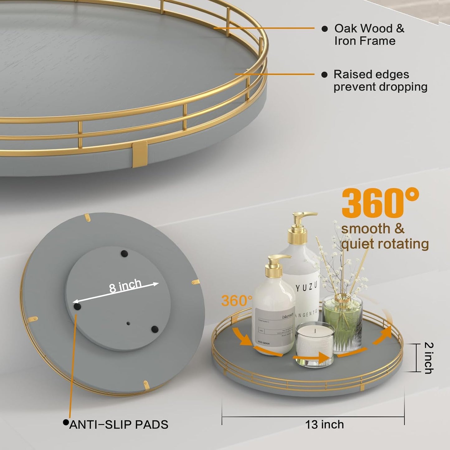 13" Wooden Lazy Susan Turntable for Cabinet – Round Rotating Spice Rack Organizer, Gray Kitchen Countertop Tray for Dining Table & Pantry Storage（Gray & Gold）