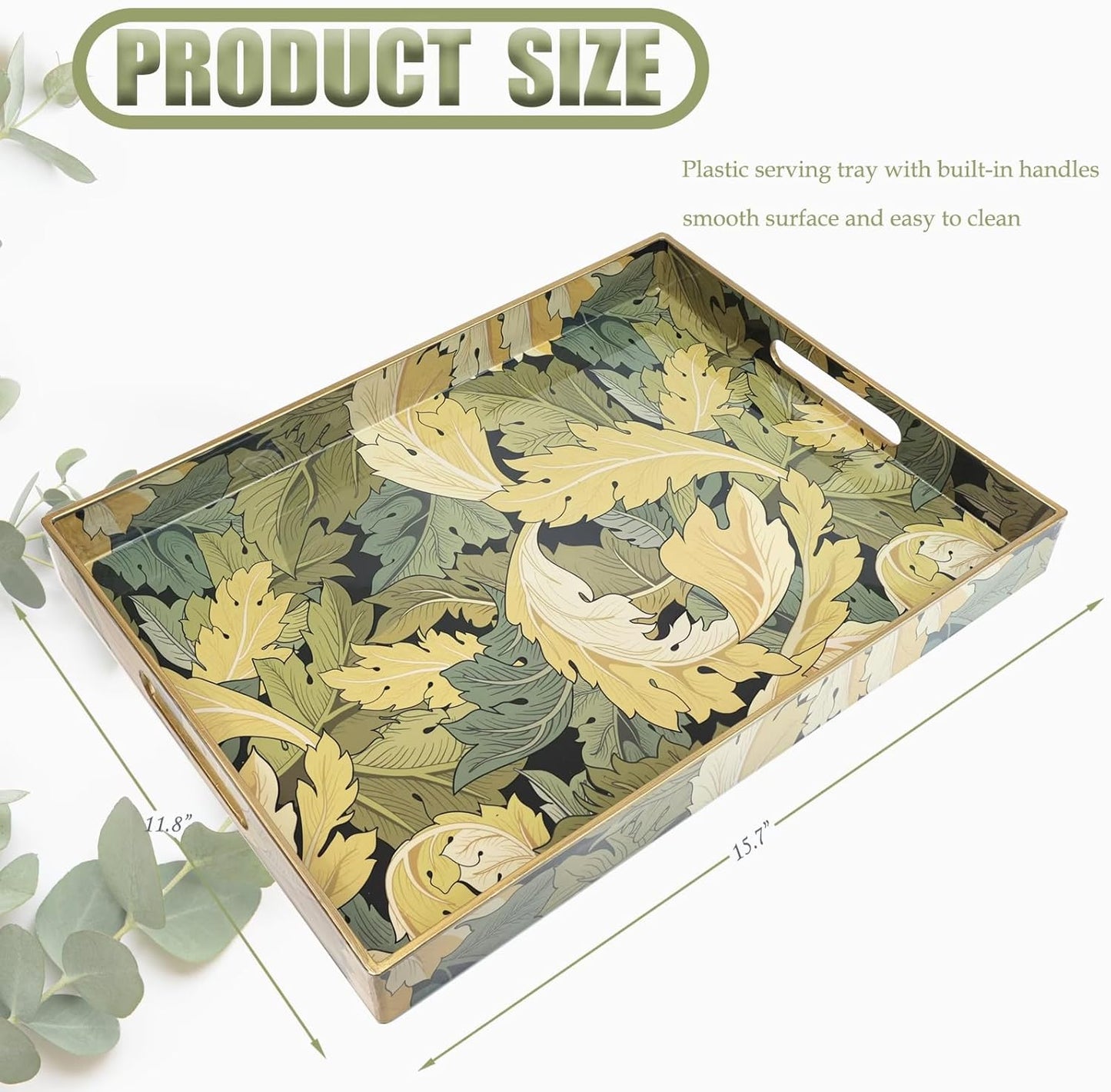 Spsyrine Serving Tray with Handles, Plastic Decorative Tray for Coffee Table, Living Room, Home Decor, Acanthus