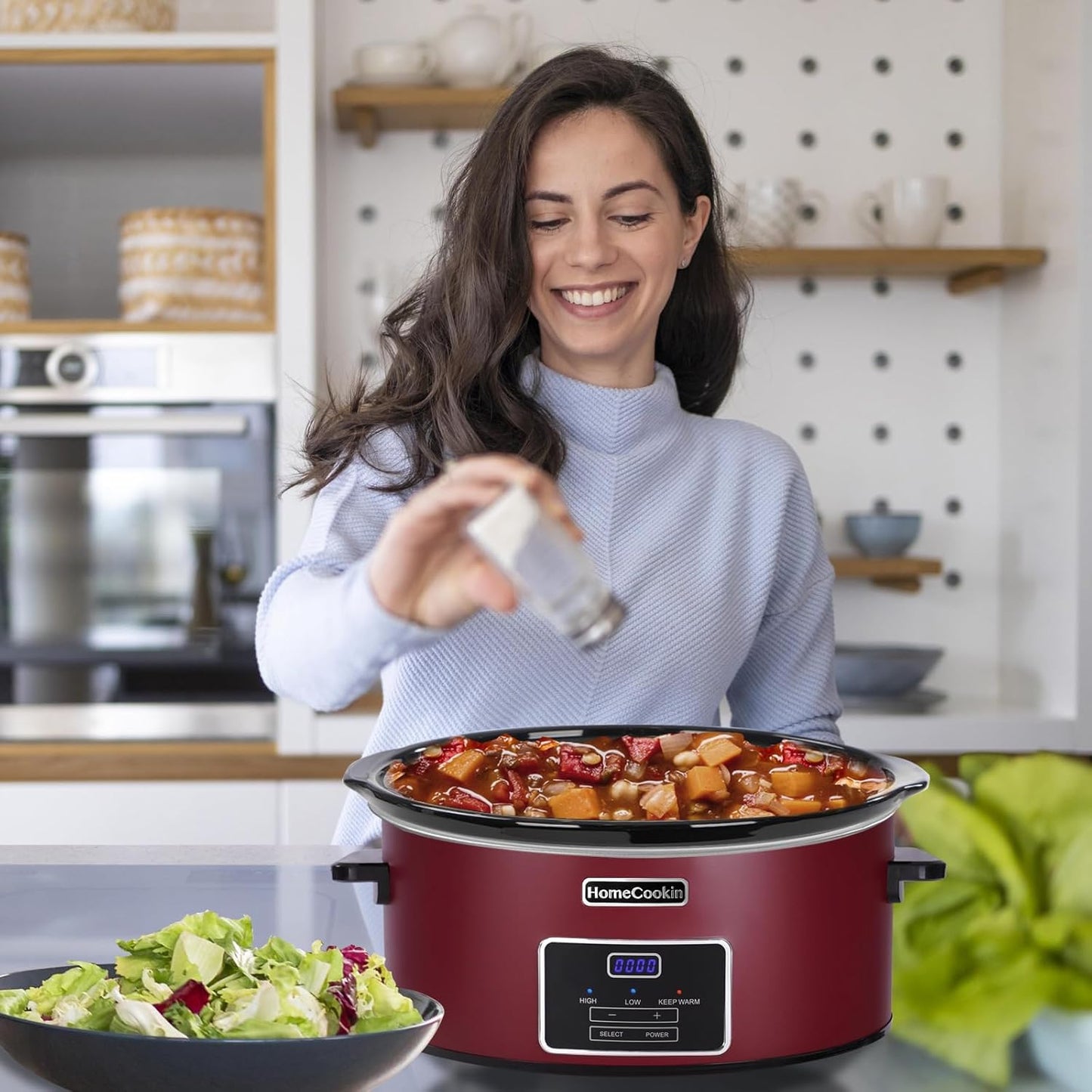 HOMECOOKIN 8 Quart Programmable Slow Cooker, Kitchen Appliances, Perfect Kitchen Small Appliance for Family Dinners, Red Stainless Steel
