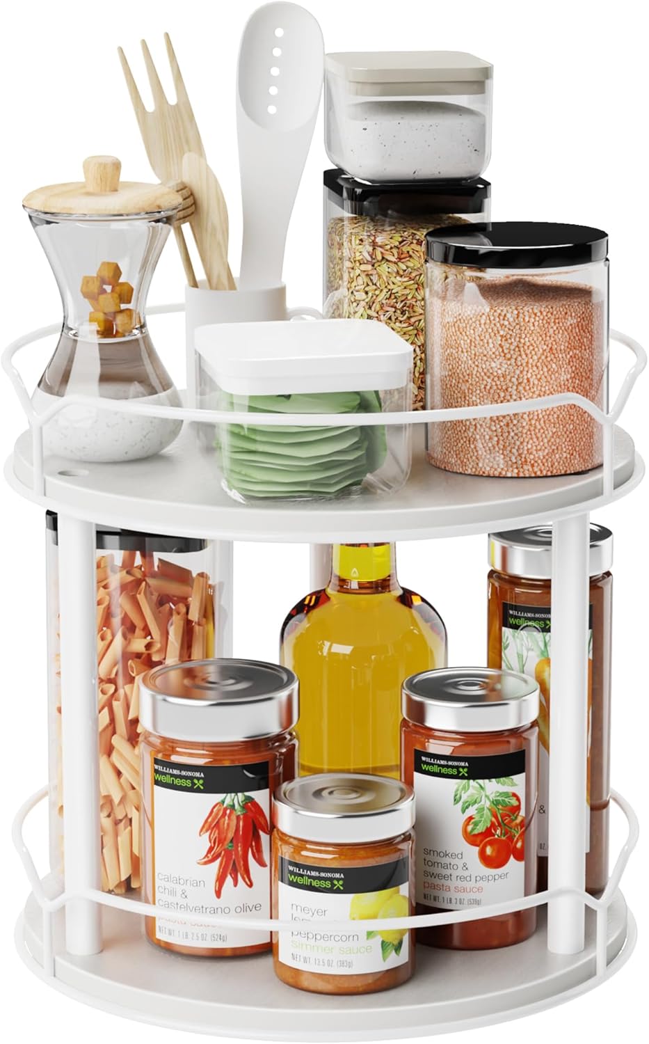 Lazy Susan Organizer 2 Tier - 9.2" Turntable Spice Rack for Table Top, Wooden Rotating Lazy Susan for Cabinet Pantry Kitchen Countertop Dining Table Cupboard Bathroom Vanity Storage(White)