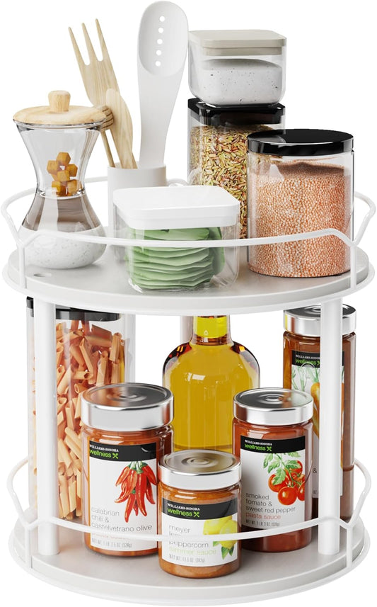 Lazy Susan Organizer 2 Tier - 9.2" Turntable Spice Rack for Table Top, Wooden Rotating Lazy Susan for Cabinet Pantry Kitchen Countertop Dining Table Cupboard Bathroom Vanity Storage(White)