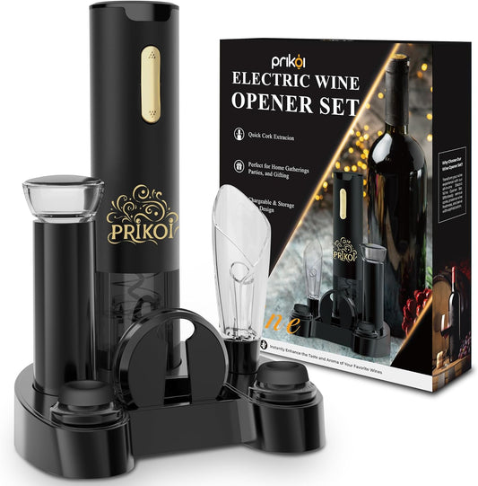 Electric Wine Opener Set with Charging Base, Automatic Cordless Wine Bottle Opener with Aerator & Pourer, Foil Cutter, Vacuum Pump, and Stoppers for Home Party Christmas Day