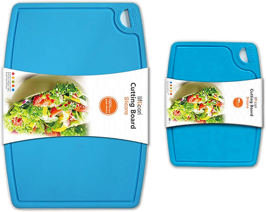 Thick Silicone Cutting Boards for Kitchen Silicone Chopping Boards/Mats Set of 2 Extra Large14.6''x10.43'', Mini 9.1”x7.1” Non-slip Deep Drip Juice Groove, Dishwasher Safe-Blue