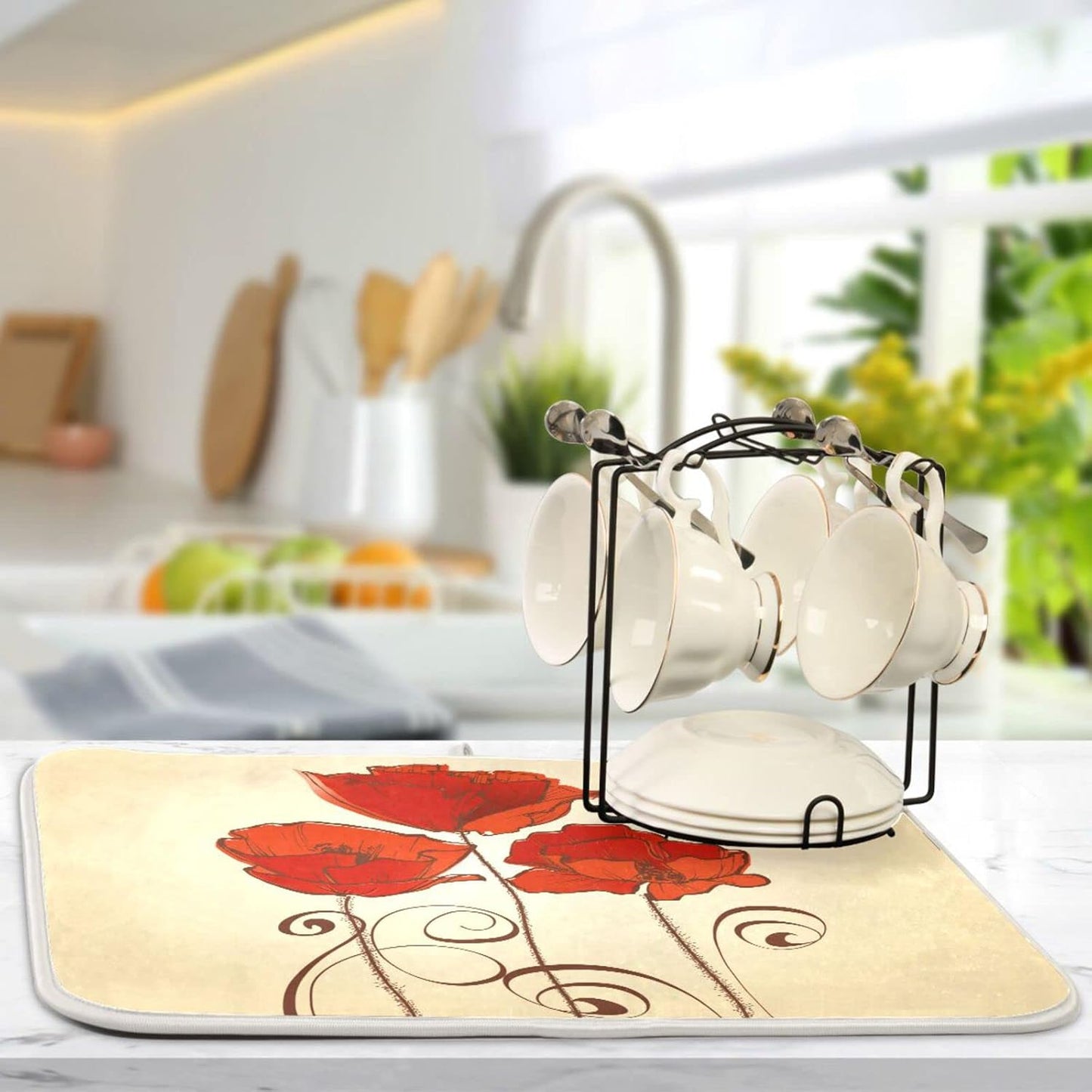 senya Super Absorbent Dish Drying Mat, Microfiber Fast-Drying Dish Mat, 16'' x 18'', Kitchen Dish Drying Pad, Red Poppy Flowers Retro, (g289343169p523c558s1113)