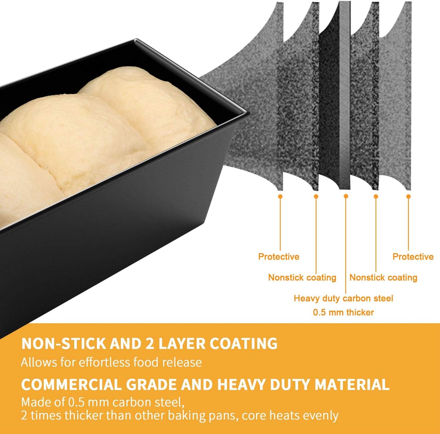 CHEFMADE Pullman Loaf Pan with Lid, 1Lb Dough Capacity Non-Stick Rectangle Flat Bread Pan, Carbon Steel Bakeware Toast Mold with Cover for Baking Bread - Black