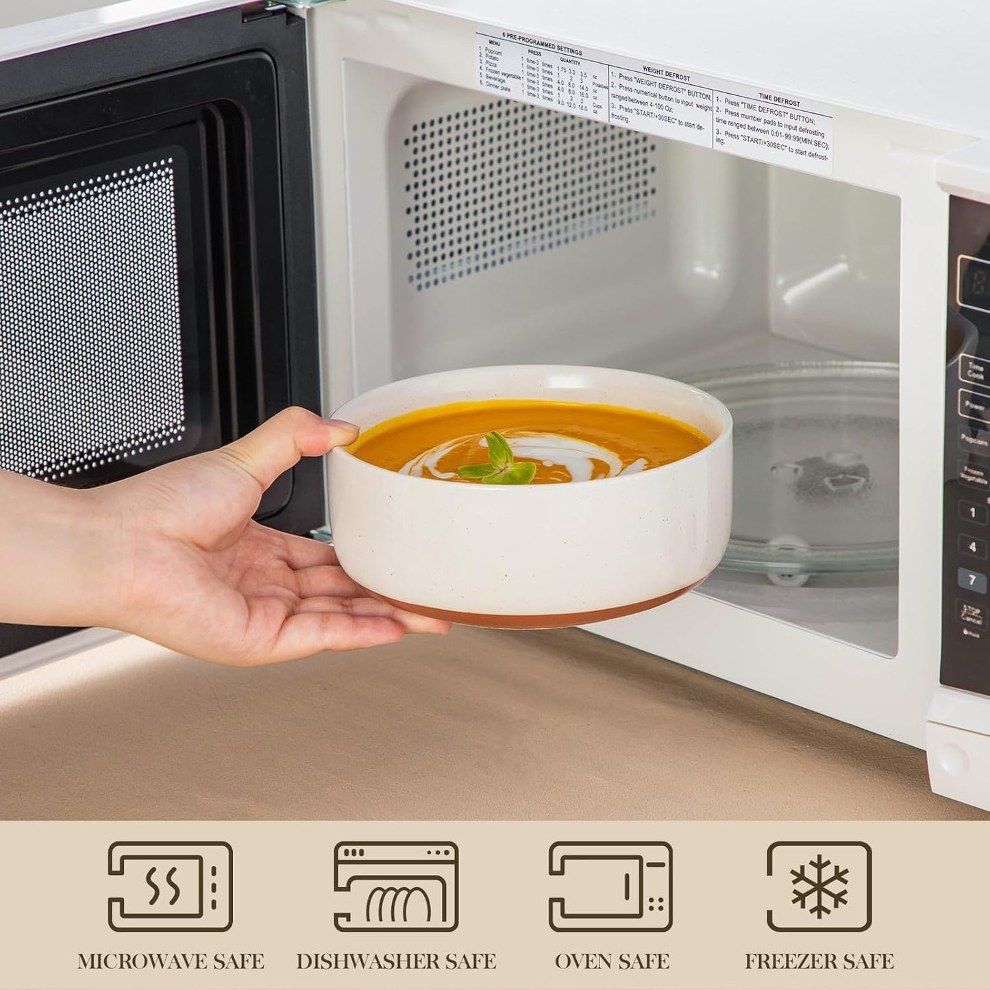 MALACASA Cereal Bowls Set of 6, 24 OZ Ceramic Bowls for Kitchen, Soup Bowl Breakfast Bowls, Dishwasher Microwave Safe, Khaki White, Series TARA