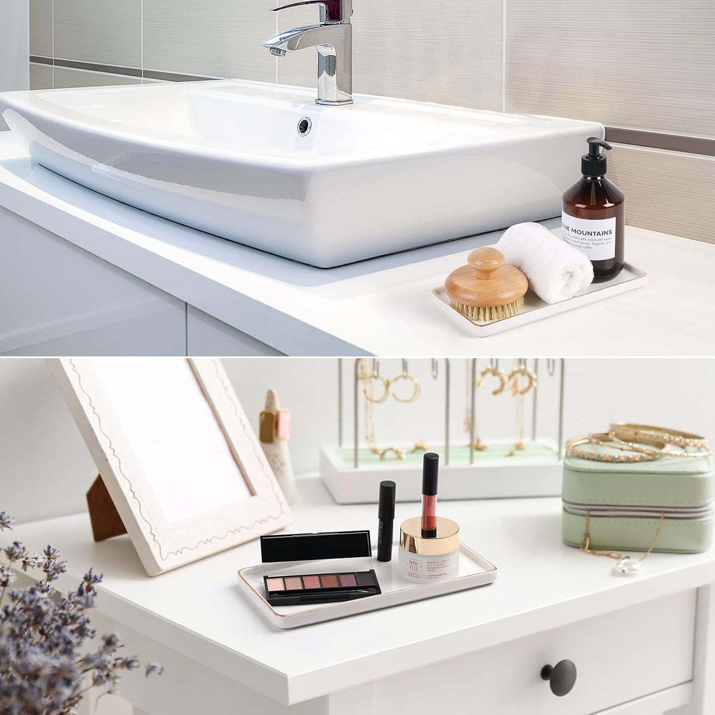 Gurygo 10" Bathroom Tray, Ceramic Vanity Trays for Bathroom, Small Ceramic Tray, Kitchen Soap Trays for Kitchen Counter (White with Gold-Edged, 10",Set/1)