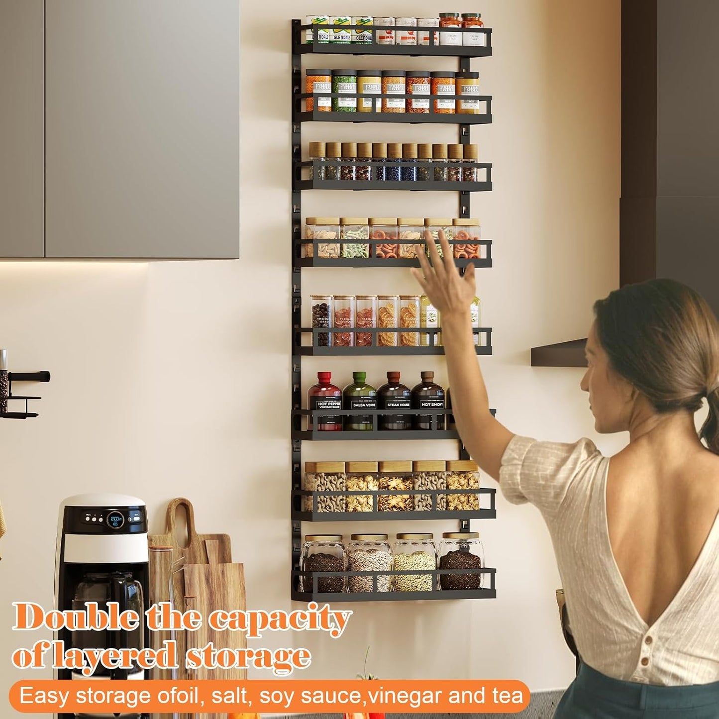 X-cosrack 8-Tier Adjustable Spice Rack – Wall-Mounted Space-Saving Organizer with Mixed Baskets, Large-Capacity Seasoning Holder for Kitchen & Pantry (Black)