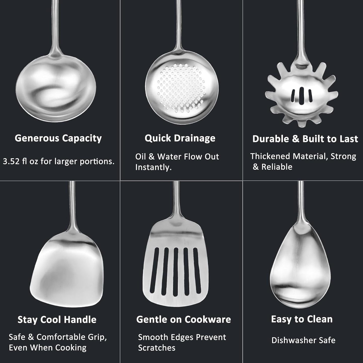 304 18/10 Stainless Steel Kitchen Utensils Set 9 Pcs Long Cooking Utensil, Spatula, Soup spoon, Leaking shovel, Ladle, Tunner, Pasta Server, Meat Fork Kitchen Tools Set (9 Pieces Set)