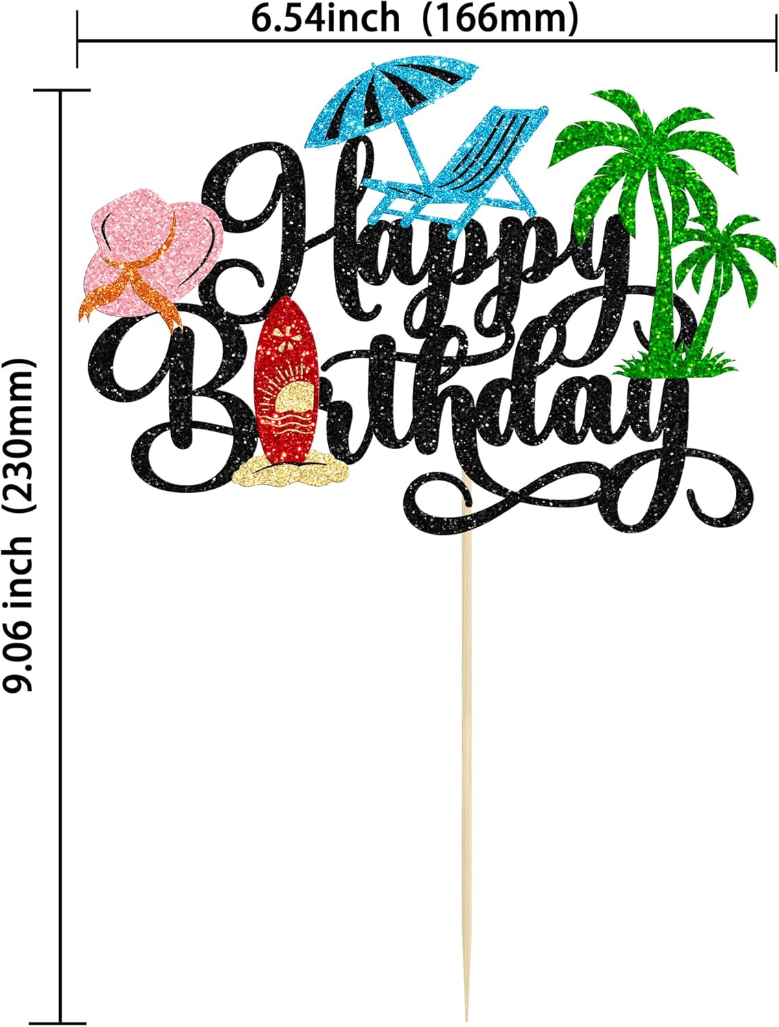 Gyufise 1Pcs Summer Beach Happy Birthday Cake Topper Glitter Ball Tree Umbrella Pool Cake Pick for Hawaiian Holiday Baby Shower Birthday Party Cake Decorations Supplies Black