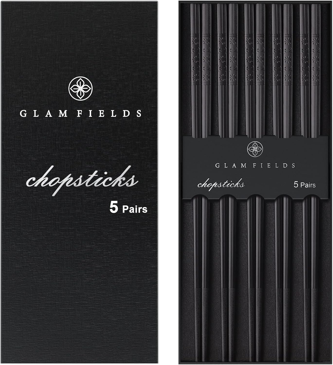 Chopsticks, GLAMFIELDS 5 Pairs Premium Black Chopsticks Reusable for Sushi Japanese Matte Anti-slip Chop Sticks with Gift Case Lightweight Dishwasher Safe, 9 1/2 Inches