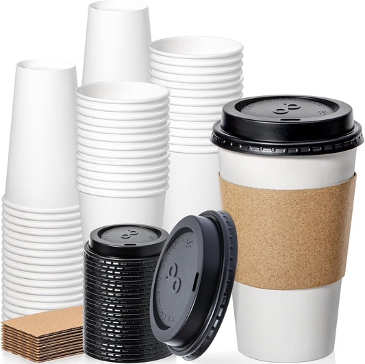 Fit Meal Prep 50 Pack 16 oz Disposable Coffee Cups with Lids, Sleeves, Leak-Proof To Go Coffee Cups with Lids, Durable Paper Cups for Hot Beverage, Home, Office, Party