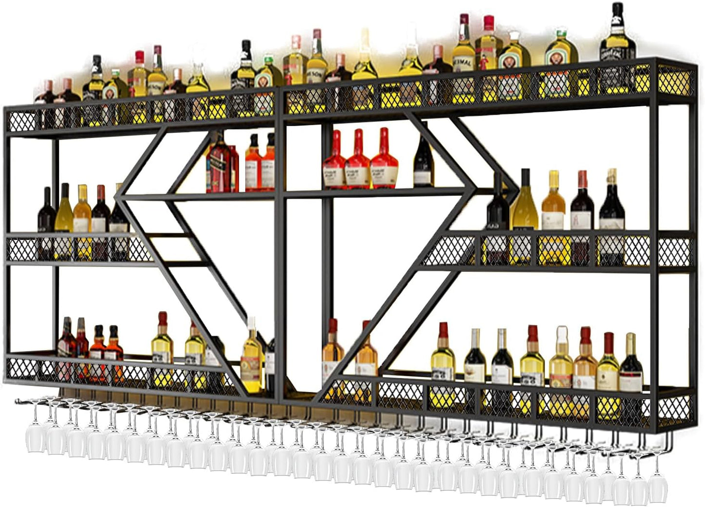 63in Metal Wine Rack Wall Mounted, Modern Wine Storage Rack Wall Mounted with Wine Glass Holder, Liquor Shelf, Bar Shelves for Liquor Bottles (3TIERS Black, 63 * 7.87 * 33.85INCH)