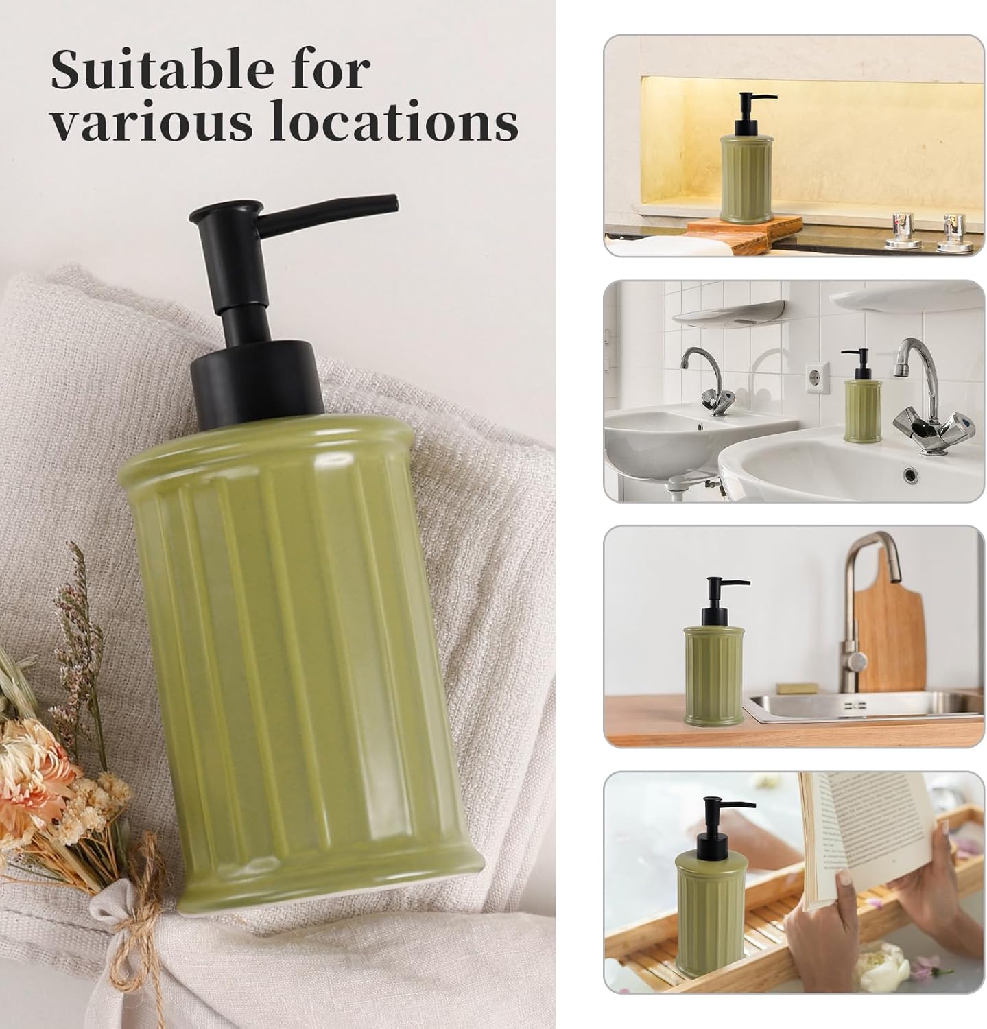 Soap Dispenser, Ceramic Liquid Dish Soap Dispenser 11.84OZ, Hand Soap Dispenser for Kitchen Bathroom, Refillable Shower Soap Dispenser, Green, ANTIS'S HOME