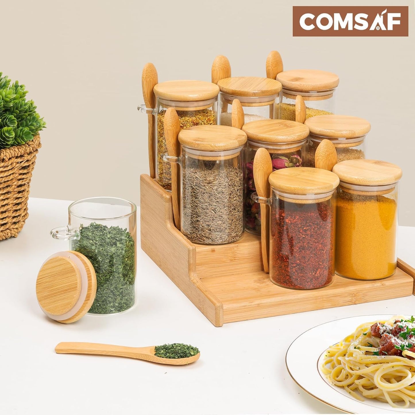 ComSaf Spice Jars with Spoon 8 oz 6Pack, Small Spice Containers Starter Set, Glass Seasoning Jars with Labels, Round Seasoning Containers for Salt, Pepper, Chili Powder, Sugar, Loose Tea Storage
