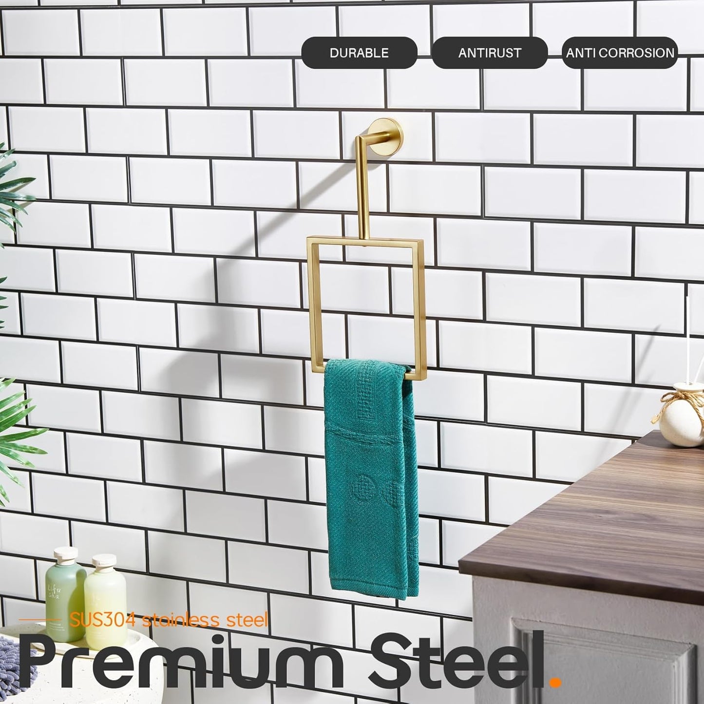 Towel Rings for Bathroom Wall Mounted Vertical Towel Rack Brushed Gold Stainless Steel Contemporary Hand Towels Holder Hanger, AN3005GD