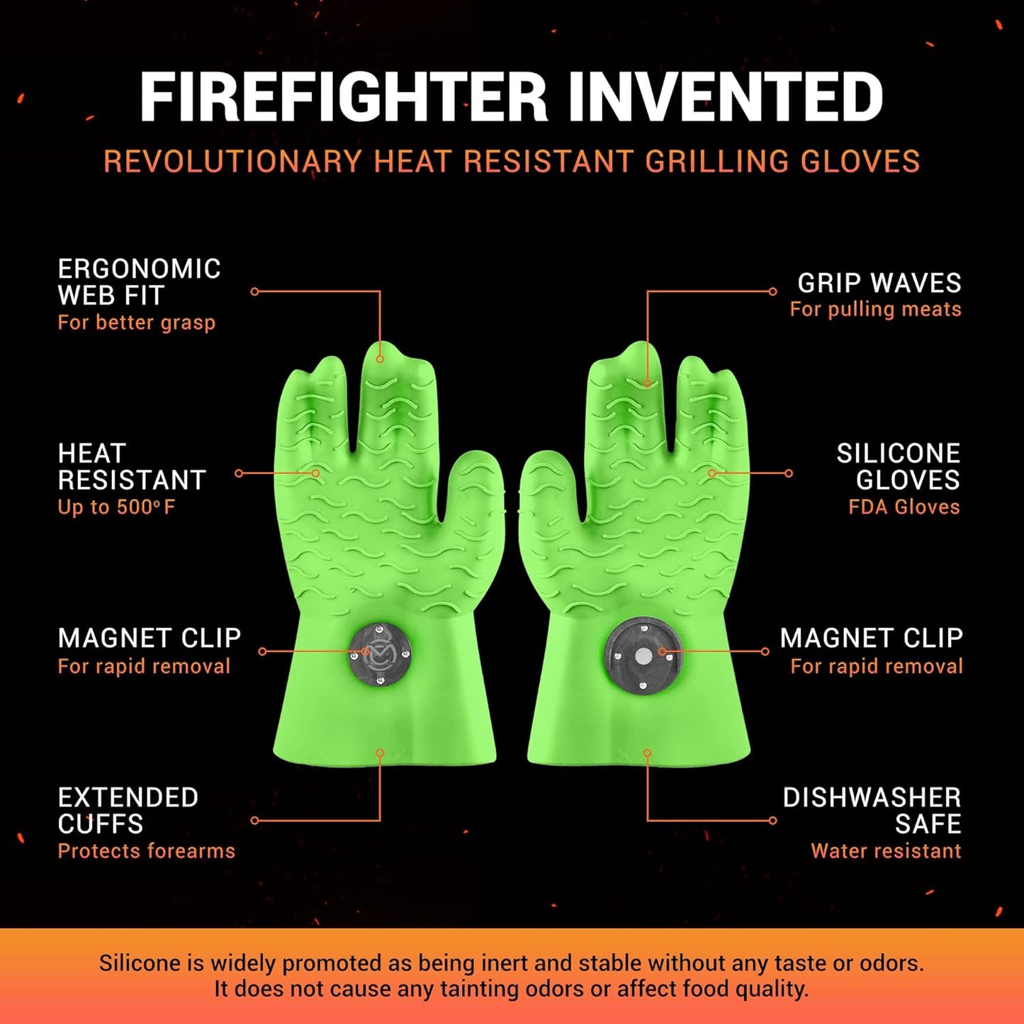 MagneCHEF Heat Resistant Silicone BBQ Gloves- Ergonomic Web fit Allows for Firm Grip- Patented Magnet Safety Clip Allows for Rapid Release of one or Both Hands- Grip Waves for Pulling Pork (Green)