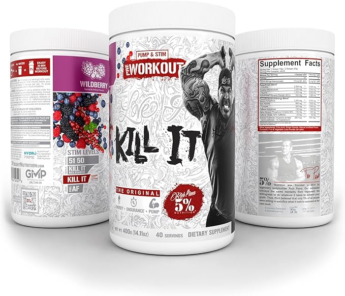 5% Nutrition Rich Piana Kill It Pre Workout Powder w/Creatine, Caffeine, Beta Alanine, Hydroprime Glycerol for Pump, Strength, Endurance | 14.11 oz, 40 Srvgs (Wildberry)