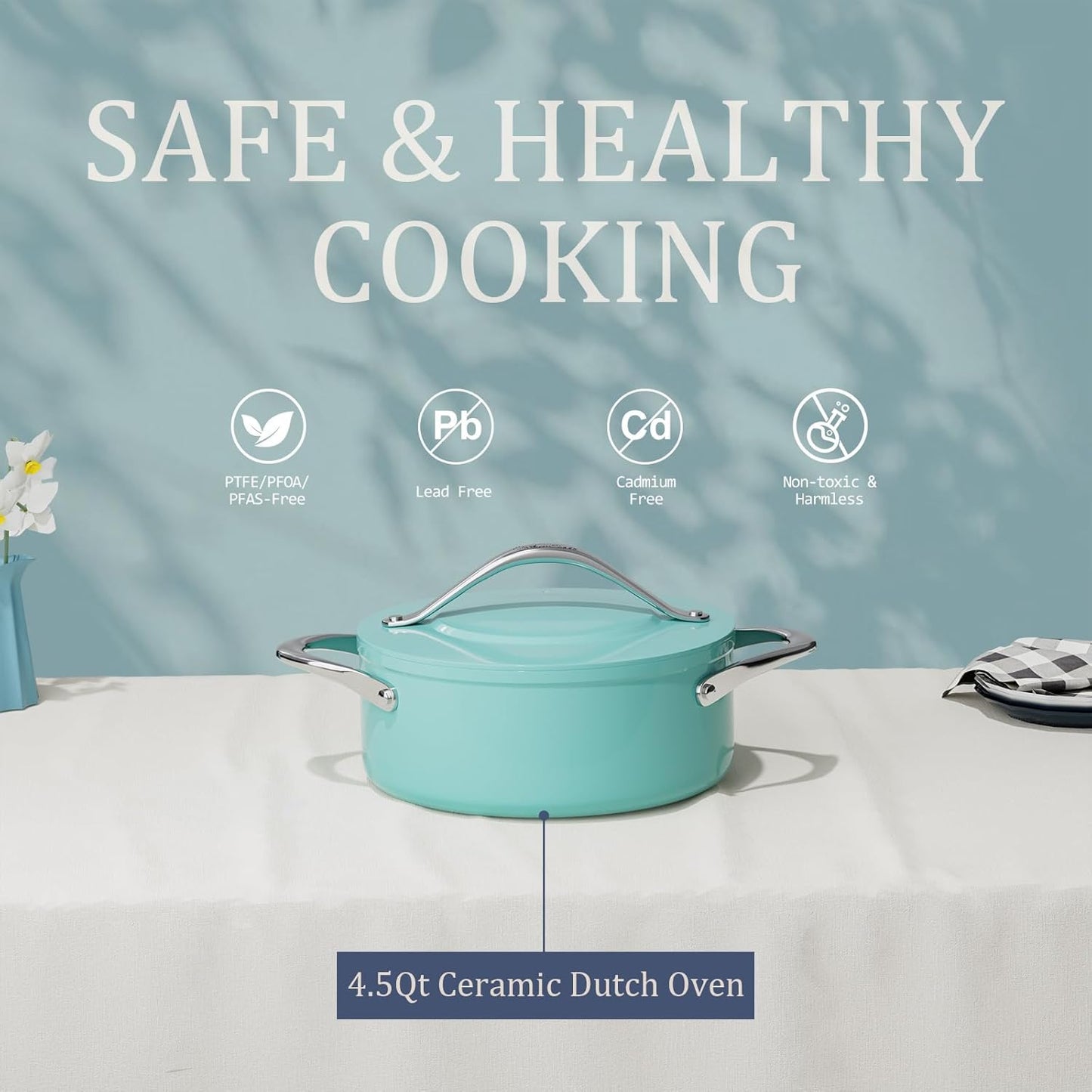 Stock Pot 4.5qt Dutch Oven with Lid (9.5") Nonstick Ceramic Coated Non-Toxic PFAS-Free Even Heat Distribution for Braising, Baking Bread & Soups, Compatible for All Cooktops(Induction/Gas/Electric) Oven Safe to 500°F (Caribbean Blue)