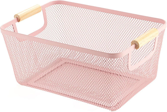 Metal Mesh Steel Basket, Medium Wire Storage Organizer Basket Multi-function Hanging Kitchen Basket with Wood Handle for Kitchen Bathroom Picnic Home, Rectangle-Pink